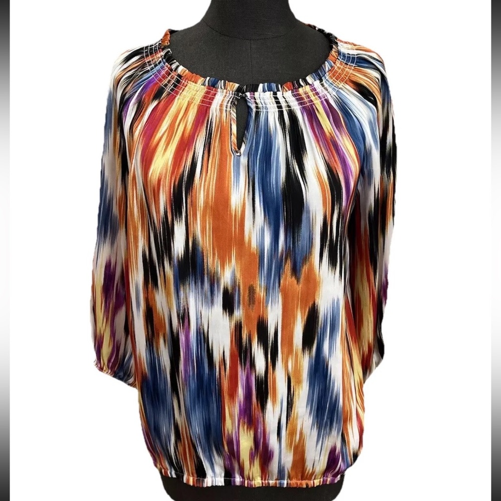 Chico’s size 1 women’s blouse with orange, blue and white pattern, key hole, EUC